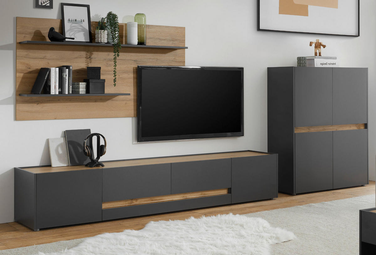 WOHNWAND 3-teilig grau matt, Eiche Wotan 343 cm, Schrankwand mit mit XL-TV-Schrank - Eiche Wotan/Grau, Holz/Holzwerkstoff (360/180/45cm) - Furn.Design