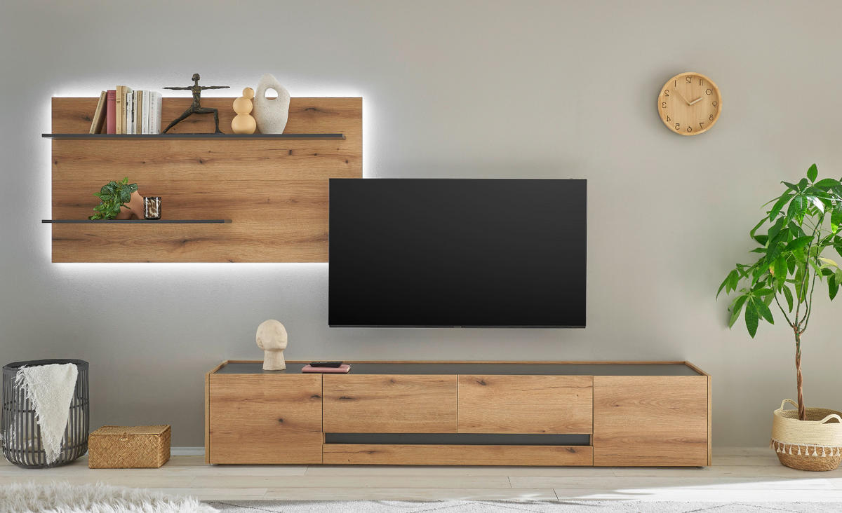 WOHNWAND Evoke Eiche, grau, Wohnkombination Set 2-teilig 300 cm - Eichefarben/Schwarz, Holz/Holzwerkstoff (300/180/45cm) - Furn.Design