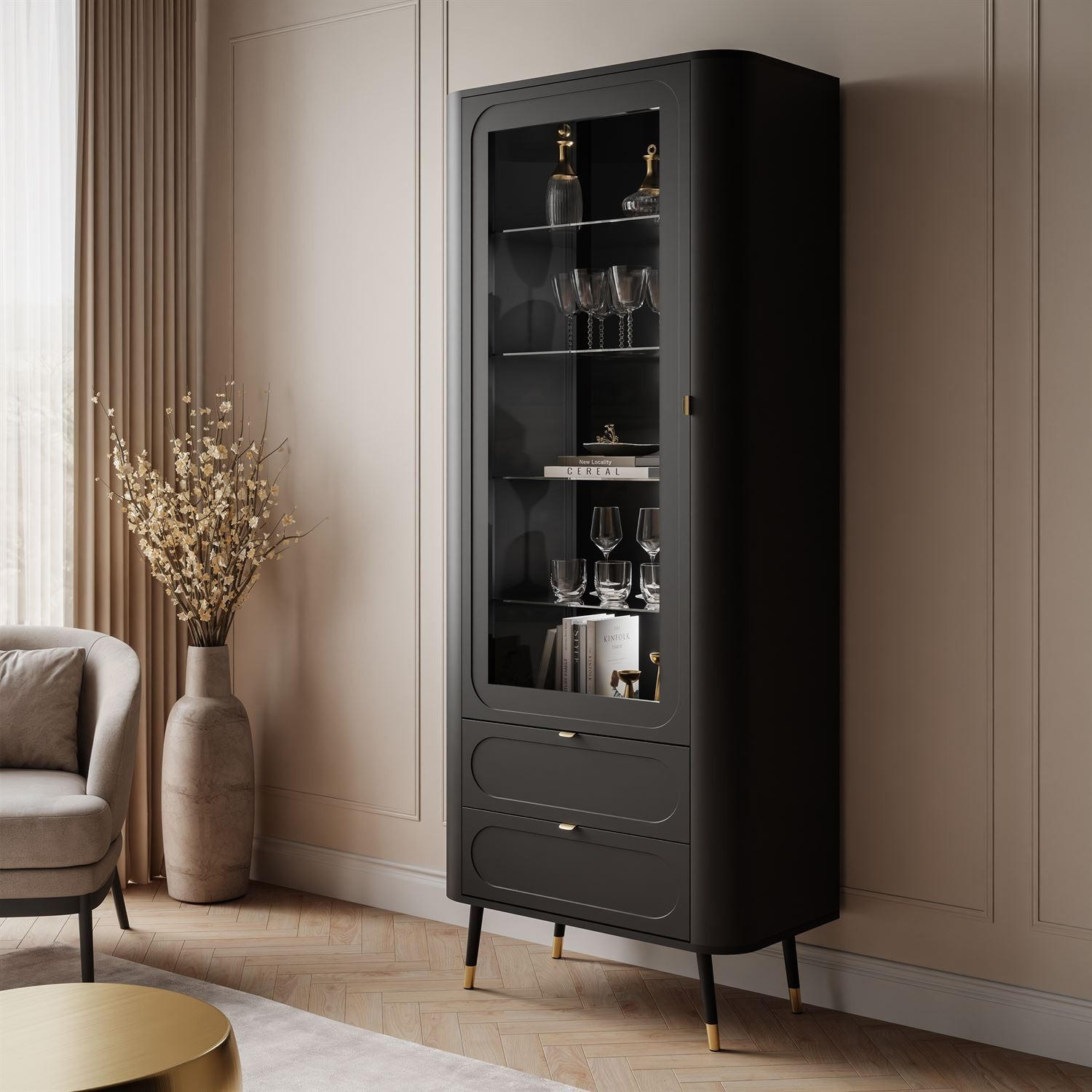 VITRINE SHADOW verglast mit Regalböden - Schwarz, Holzwerkstoff (78/192/40cm) - Lookway