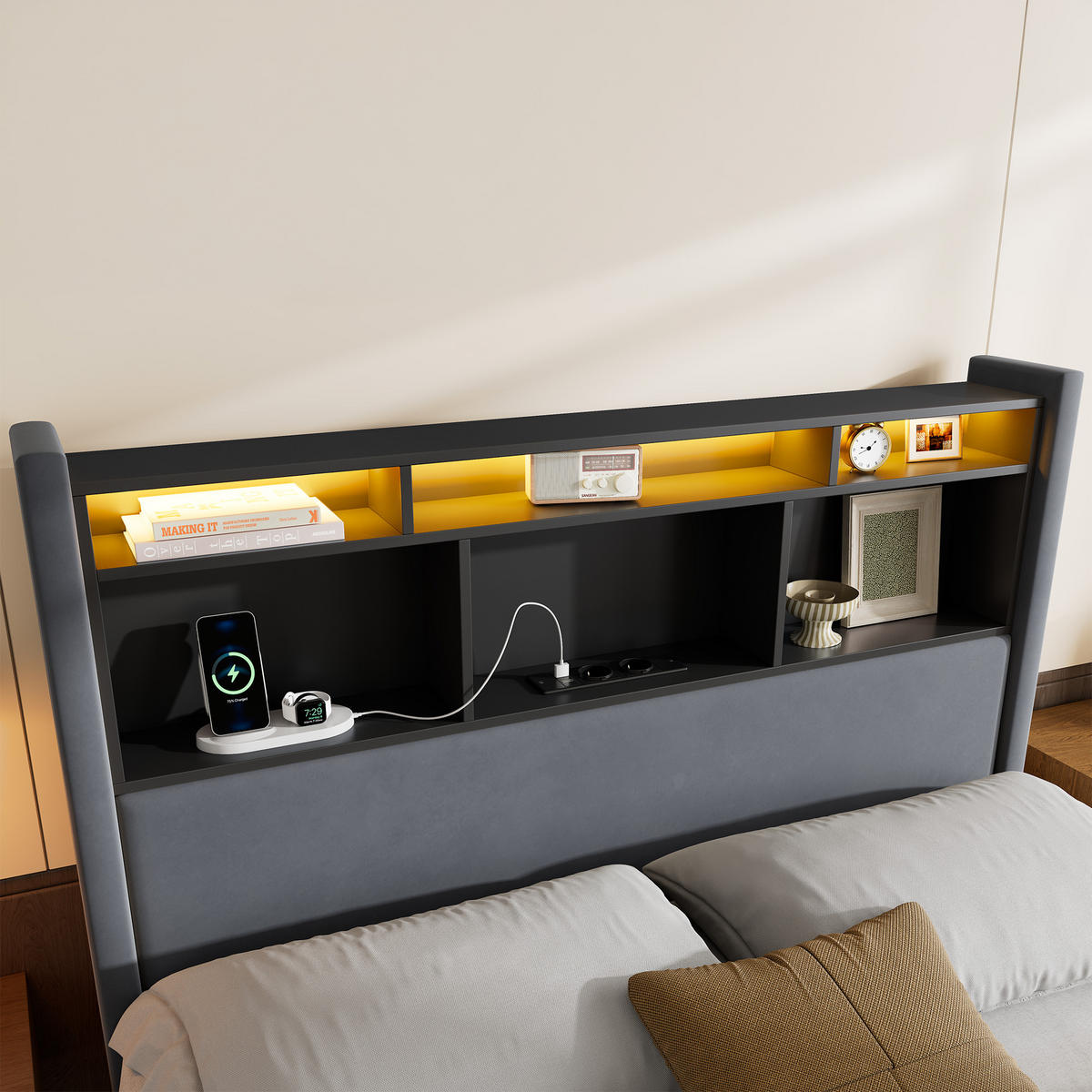 POLSTERBETT 140/200 cm Dunkelgrau Samt mit LED & USB – Hydraulik - Dunkelgrau, Textil (140/200cm) - Flora Grace