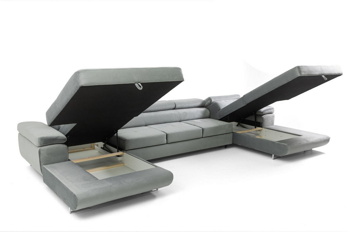 ECKSOFA U-Form ALONZO MAXI U mit Schlaffunktion 125x318 Velours Hellgrau - Silberfarben/Hellgrau, Holz/Textil (400/90/203cm) - Muffo