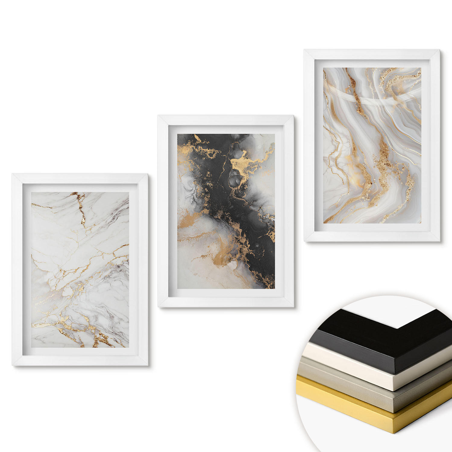 WANDBILDER 3er-Set - 20x30 cm Weißer Rahmen - Abstrakte weiß-schwarze Muster - Weiß, Kunststoff (20/30cm) - ArtPrintCave