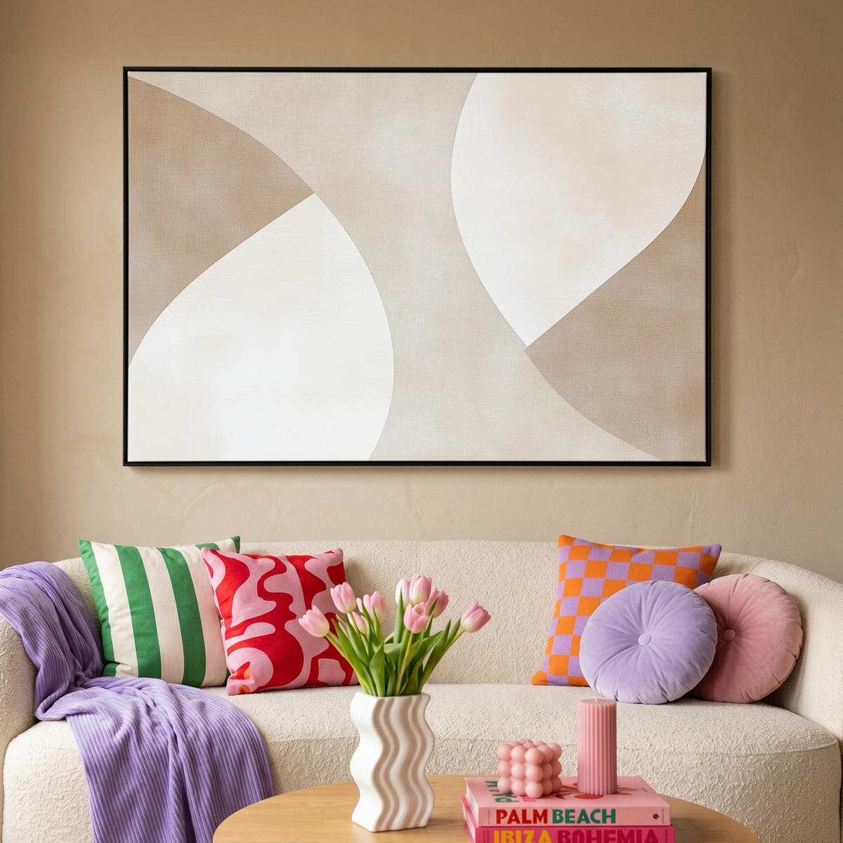 LEINWAND Bilder mit Rahmen - Braun - Japandi - Abstrakt - 120x80 - Sandfarben, Textil (120/80cm) - MuchoWow