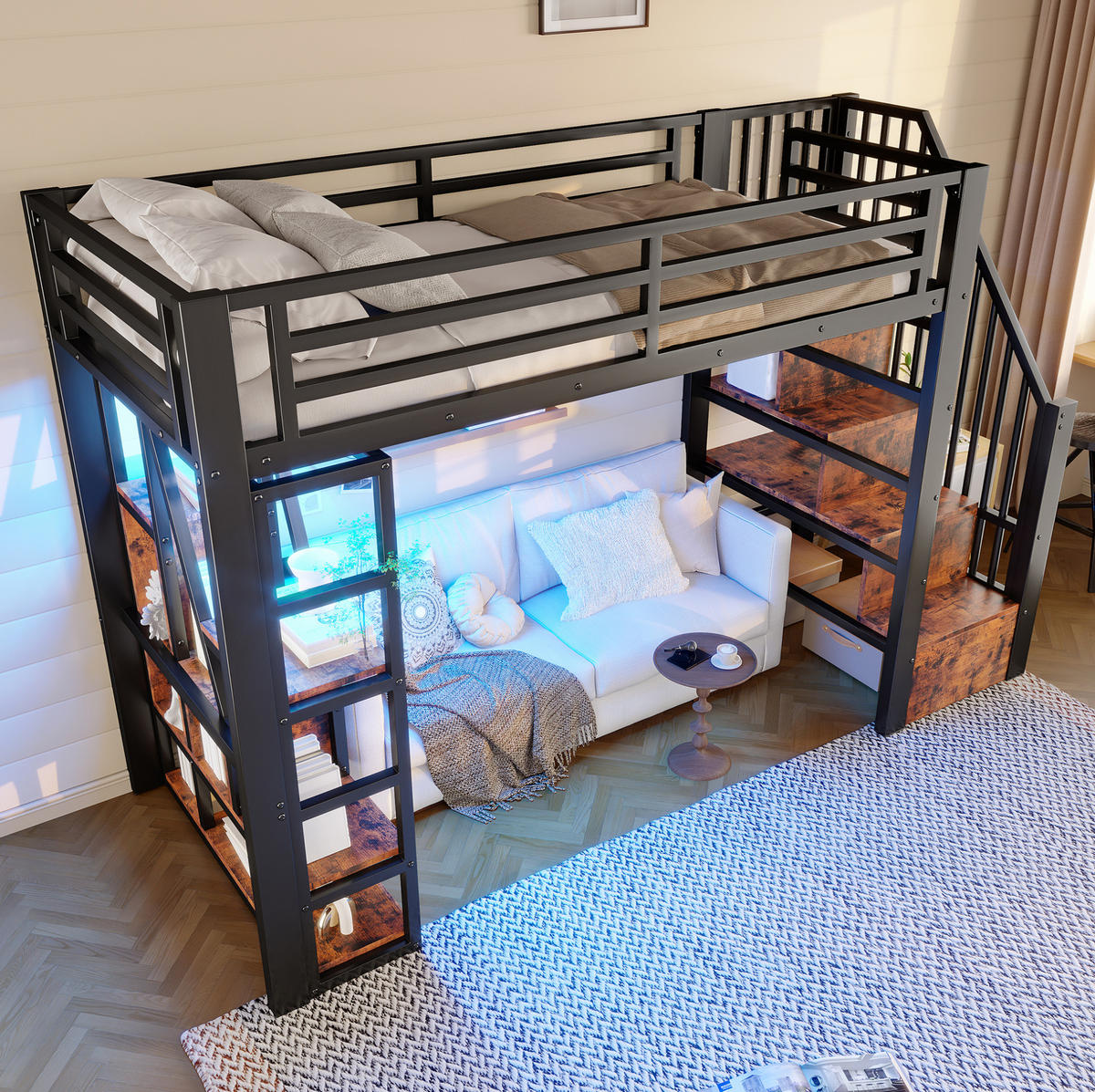 HOCHBETT 90/200 cm aus Metall und MDF mit LED-Lichtleiste, Stauraumstufen und Schutzgeländer, Schwarz - Schwarz, Holzwerkstoff (90/200cm) - Redom