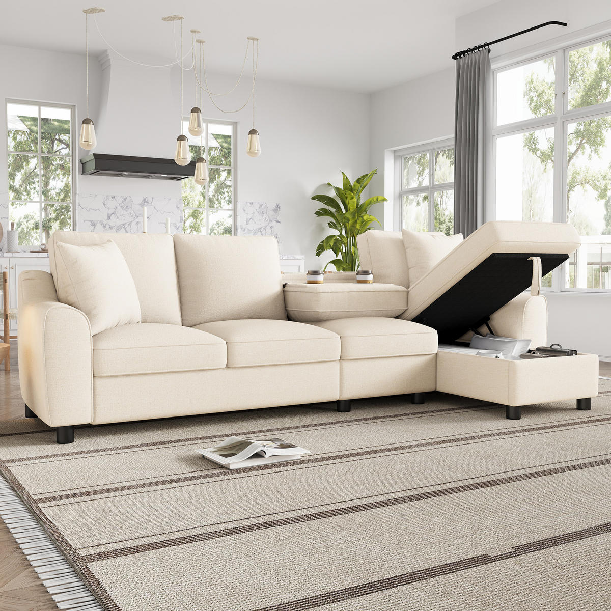 ECKSOFA L Form 3-Sitzer Chenille Stauraum Getränkehalter Beige 280cm - Beige, Textil (280/136cm) - FLIEKS