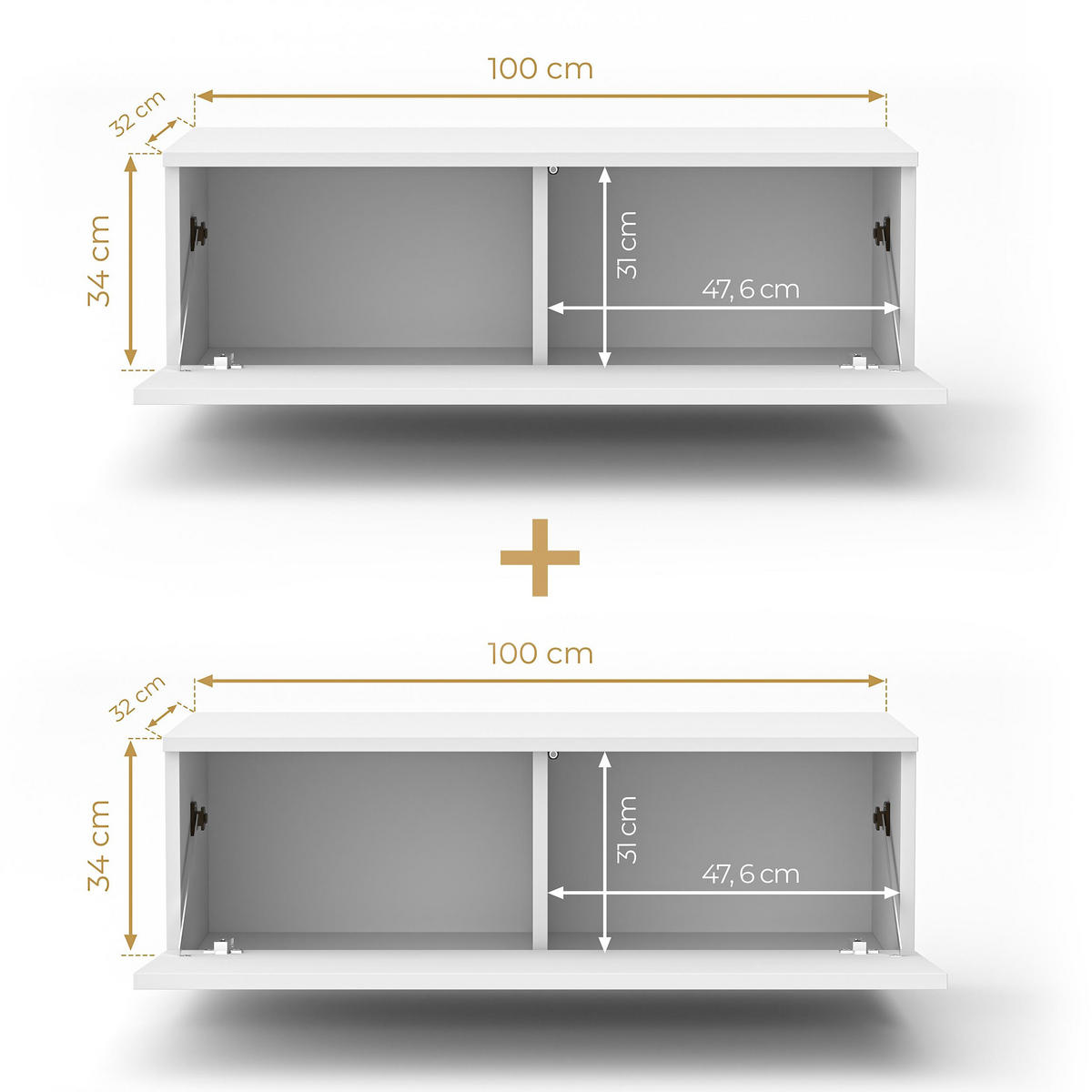 LOWBOARD Barvo 2x100 Eiche Wotan / Weiß Hochglanz 200/34/32 cm – hängendes TV-Board - Braun/Weiß, Holzwerkstoff (200/34/32cm) - AX Living