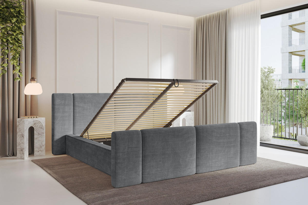 POLSTERBETT mit Bettkasten, Fußteil und Lattenrost, Bett mit Matratze H3/H4 - RIVO-Z 200x200 Dunkelgrau - Graphitfarben, Holzwerkstoff/Textil (200/200cm) - ALTDECOR