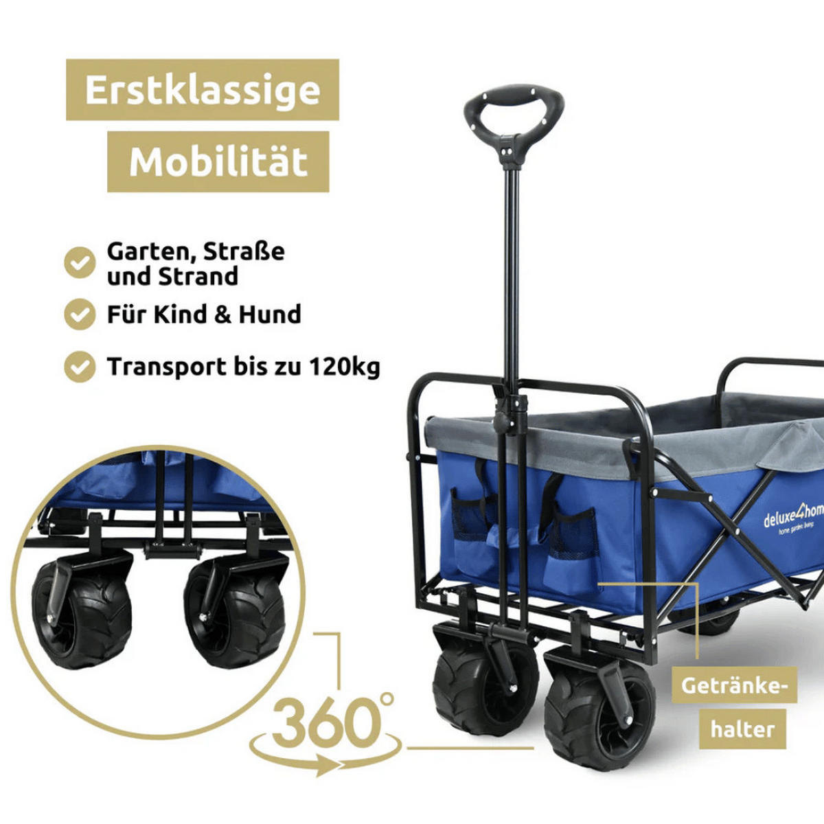 BOLLERWAGEN faltbar CALLI Extra Breite Reifen Blau - Blau, Metall (100/100/60cm) - DELUKE
