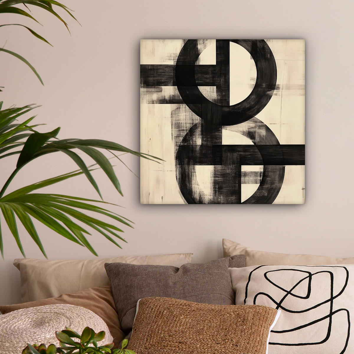 LEINWANDBILD Kreise - Balken - Schwarz - Abstrakt Wandbild Wohnzimmer 50x50 cm - Schwarz, Textil (50/50cm) - MuchoWow