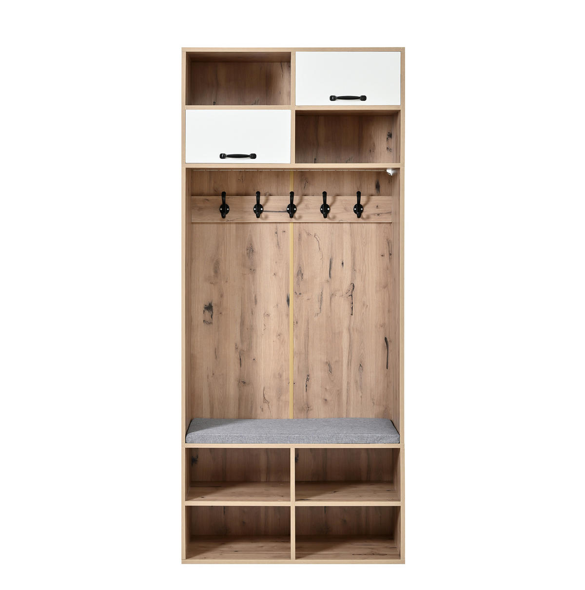 GARDEROBE 80/35/185 cm weiß/naturfarben aus Spanplatte mit Sitzbank LED und Stauraum - Naturfarben, Holzwerkstoff (80/185/35cm) - OKWISH