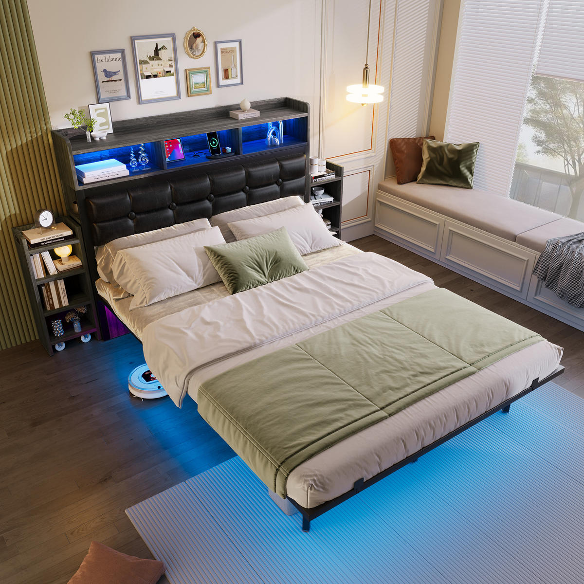 METALLBETT 140/190 cm Schwarz mit 2 ausziehbaren Nachttischen, LED und Ablagefächern - Grau, Metall (140/190cm) - Oxeza