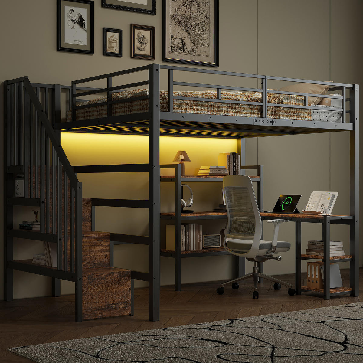 HOCHBETT 140x200 cm mit Stauraumtreppe, dreistöckigem Regal, Schreibtisch und LED-Beleuchtung, Metall MDF, schwarz - Schwarz, Holzwerkstoff (140/200cm)
