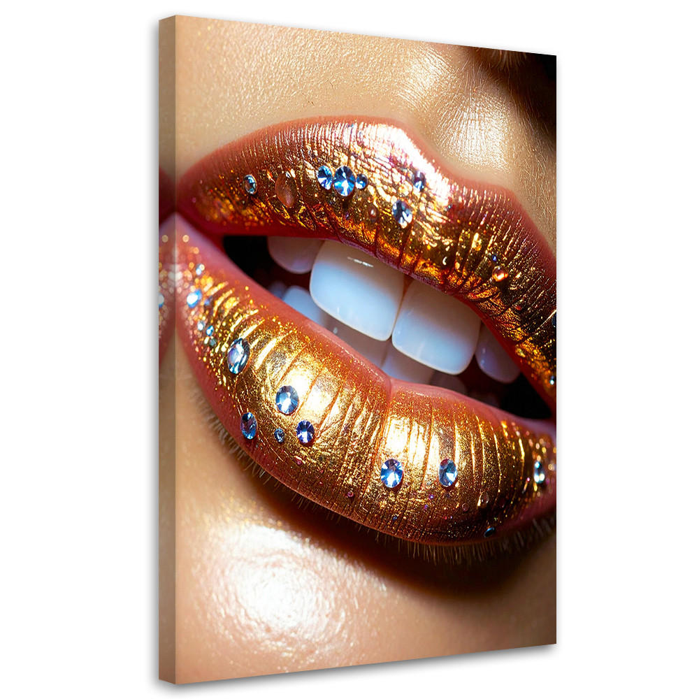 LEINWANDBILDER, Goldene Lippen mit buntem Glitzer im glamourösen Stil - Beige, Textil (40/60cm) - Feeby