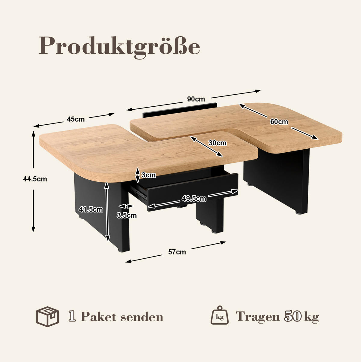 COUCHTISCH 90/60/44,5 cm mit LED-Beleuchtung, 2 Schubladen und flexibel kombinierbarem 2-in-1-Design, Naturholz/Schwarz - Naturfarben, Holzwerkstoff (90/60/44.5cm) - Redom