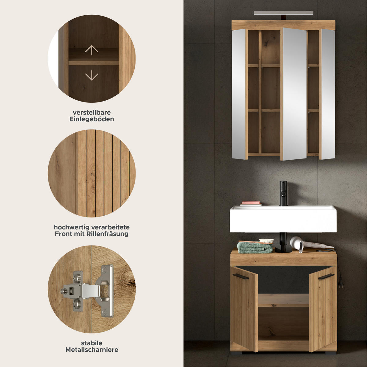 BADEZIMMER Vento 3-tlg. (B/H/T: ca. 60/191/34 cm) in Artisan Eiche /Artisan Eiche - Eiche Artisan, Holz (60/191/34cm)