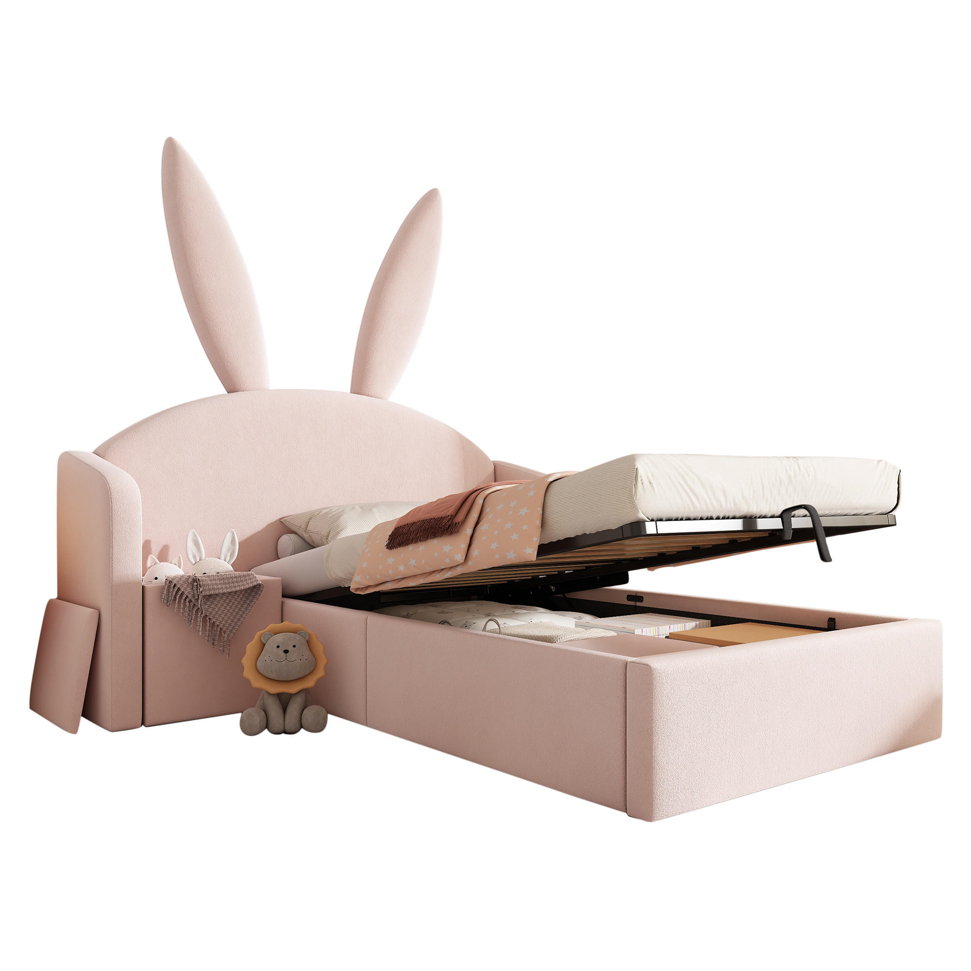 POLSTERBETT 90/200 cm in Rosa mit Hasenohren, Stauraumbox und Nachttisch - Rosa, Holzwerkstoff/Textil (90/200cm) - WISHDOR