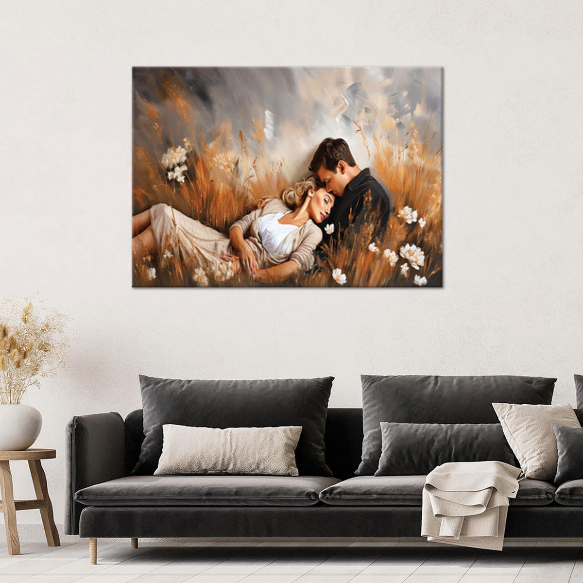 WANDBILD ein verliebtes paar liegt auf einer wiese - Beige, Textil (60/40cm) - Feeby