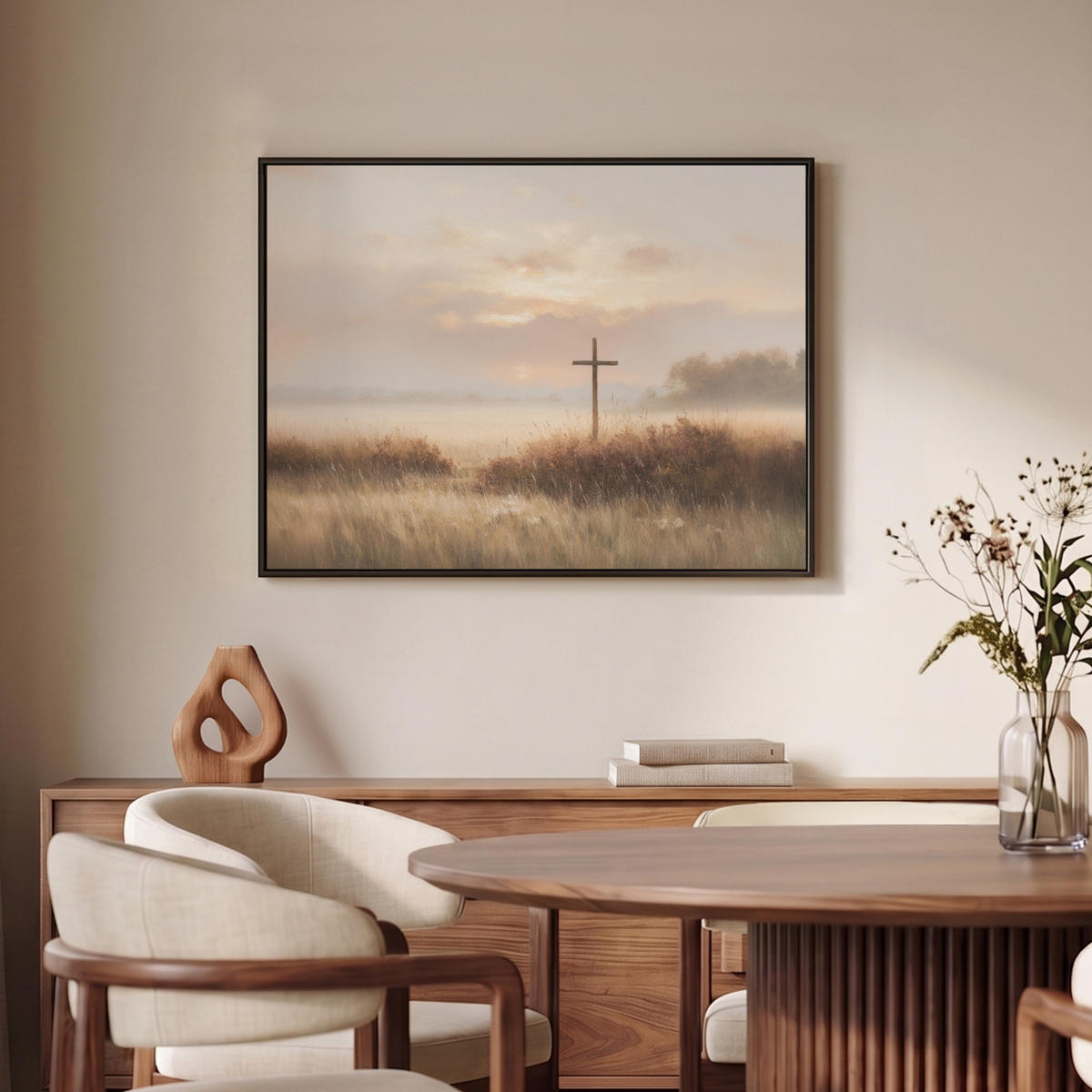 LEINWAND Bilder mit Rahmen - Gras - Morgennebel - Kreuz - Christentum - 80x60 - Beige, Textil (80/60cm) - MuchoWow