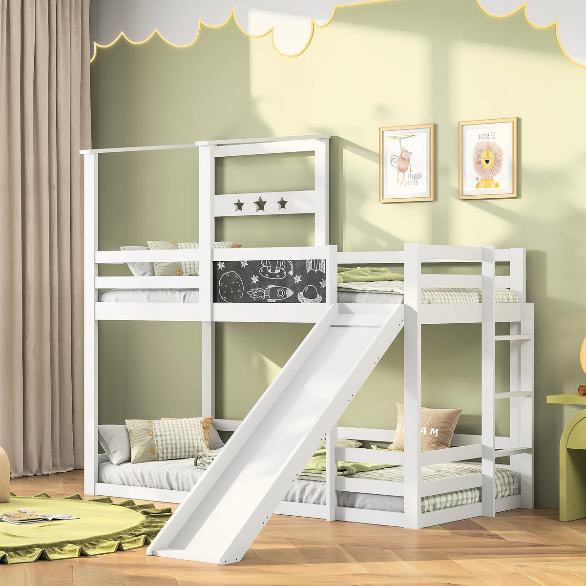 ETAGENBETT 90x200 cm Kinderbett mit Tafel, Rutsche & Stauraum - Weiß, Holz