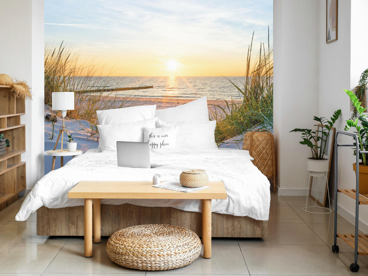 FOTOTAPETE Strand Meer Sonnenuntergang Dünen Landschaft Orange Himmel 450x315 - Gelb/Beige, Papier (450/315cm) - Muralo