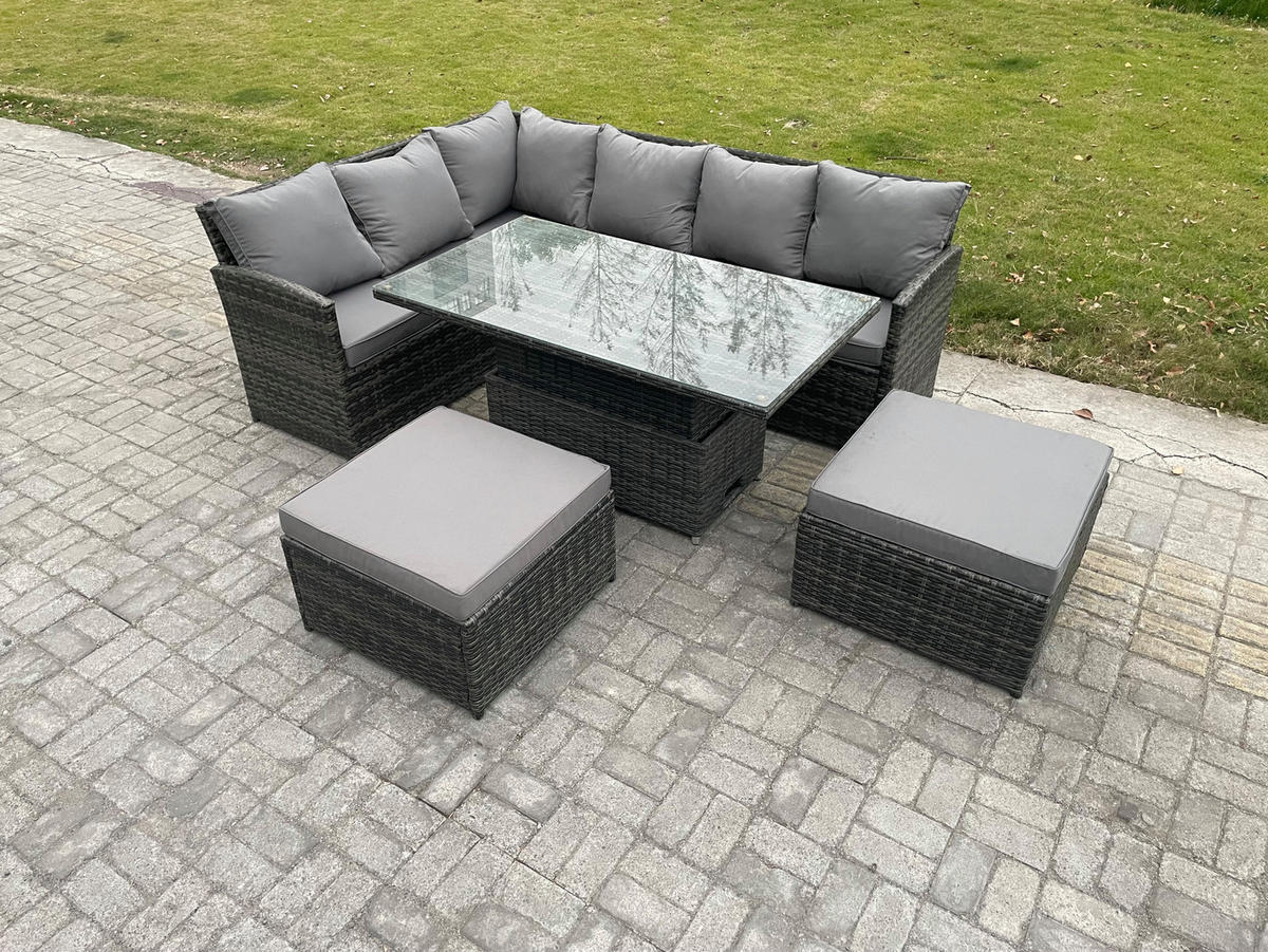 GARTENSET mit Höhenverstellbarer Tisch, 2 Fußhocker Polyrattan Dunkelgrau 8-Sitzer - Dunkelgrau/Grau, Glas/Kunststoff - Fimous