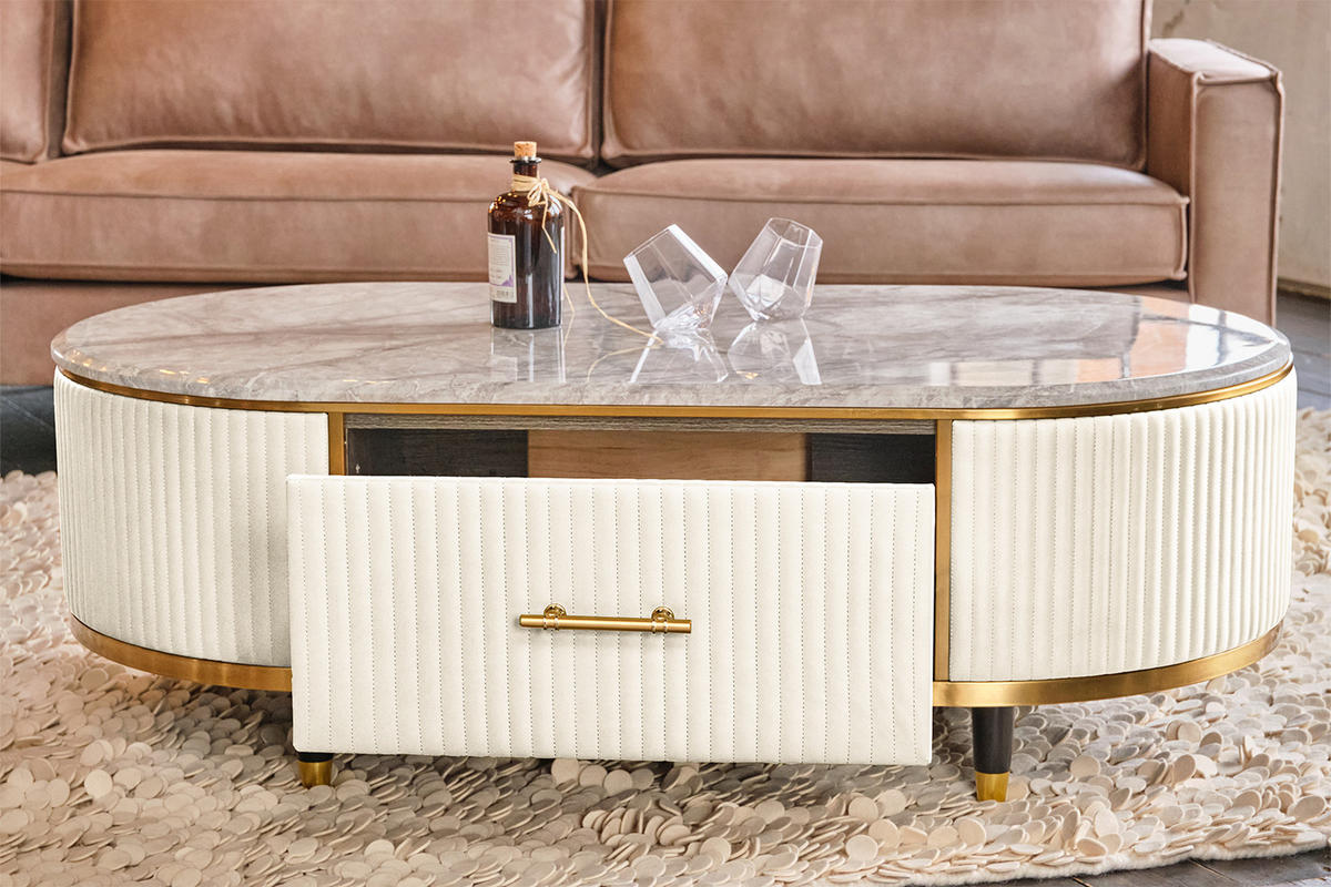COUCHTISCH MARIA Weiß Kunstleder - Schwarz/Weiß, Stein/Metall (70/130/45cm) - KAWOLA