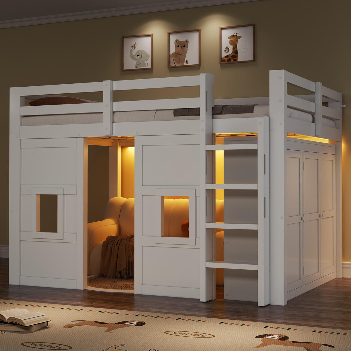 PATROVÁ postel 140/200 cm bílá z borovicového dřeva a MDF se šatní skříní - bílá, kompozitní dřevo (140/200cm) - OKWISH