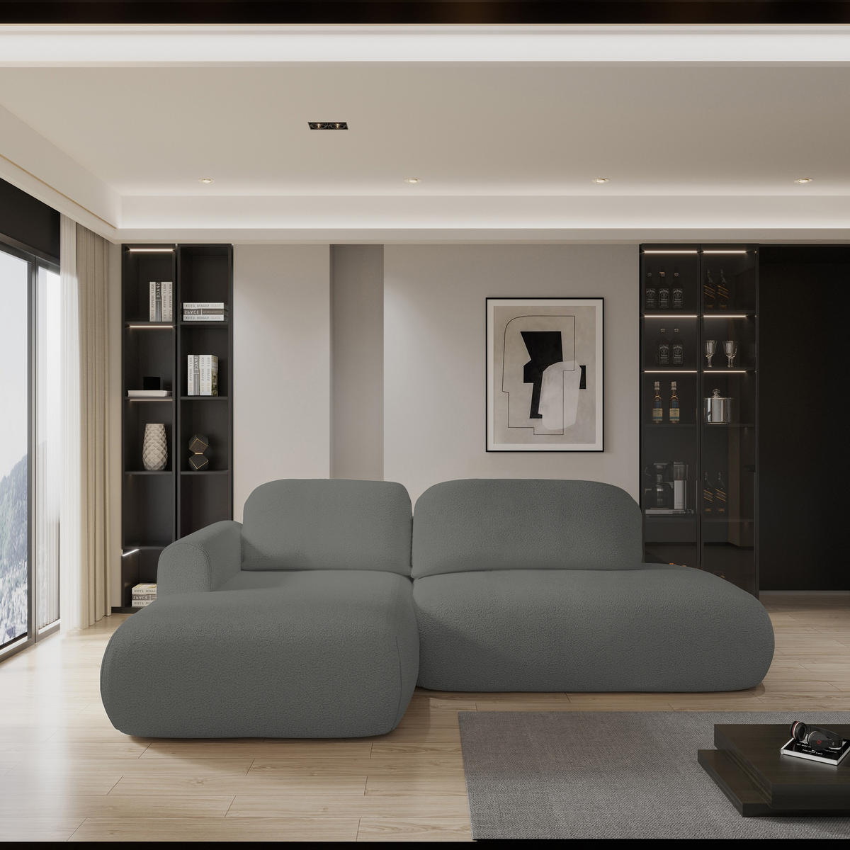 ROHOVÁ SEDAČKA NUVIRA šedá - šedá/černá, dřevo/textil (279/158cm) - MASSENO