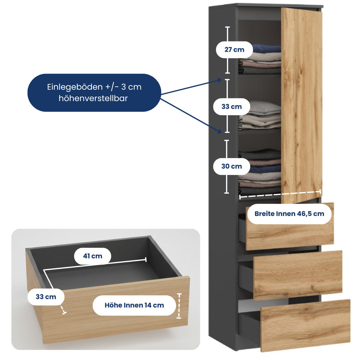 KLEIDERSCHRANK in Anthrazit - Eichefarben/Anthrazit, Holzwerkstoff (50/180.5/40cm) - Home Collective