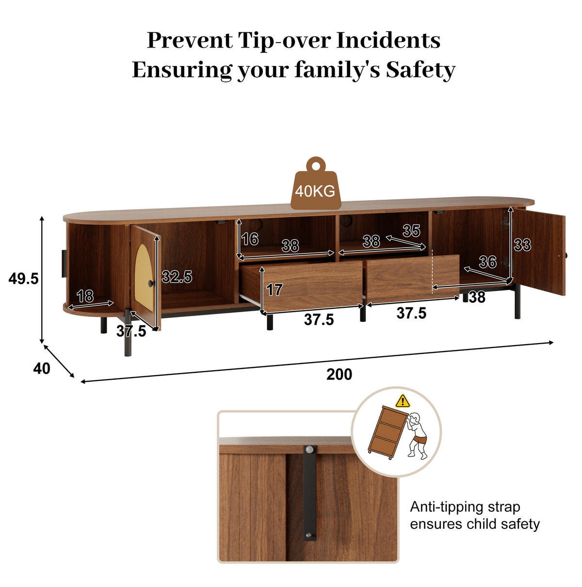 TV-SCHRANK mit Rattan und Stauraum 200 x 40 cm MDF Walnut - Dunkelbraun, Holzwerkstoff (40/49.5/200cm) - Beauniv