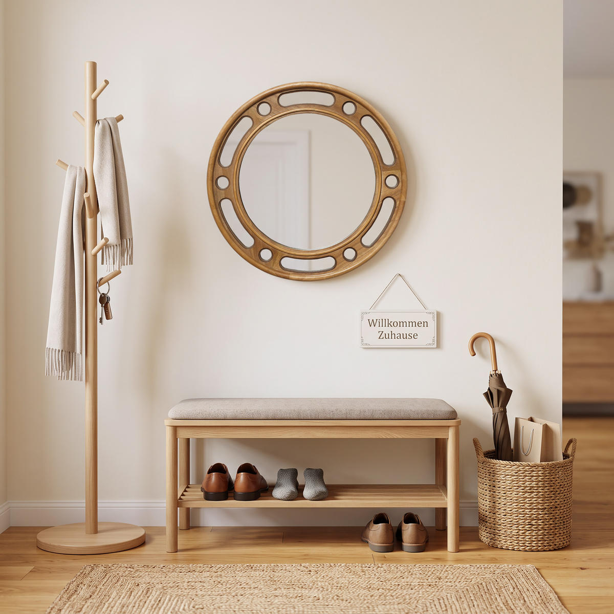 RUNDER Gummiholz Spiegel Natur Ø60×H60cm für Flur Bad Wohnzimmer - Erlefarben, Naturmaterialien (3.5/60/60cm) - Hometopia