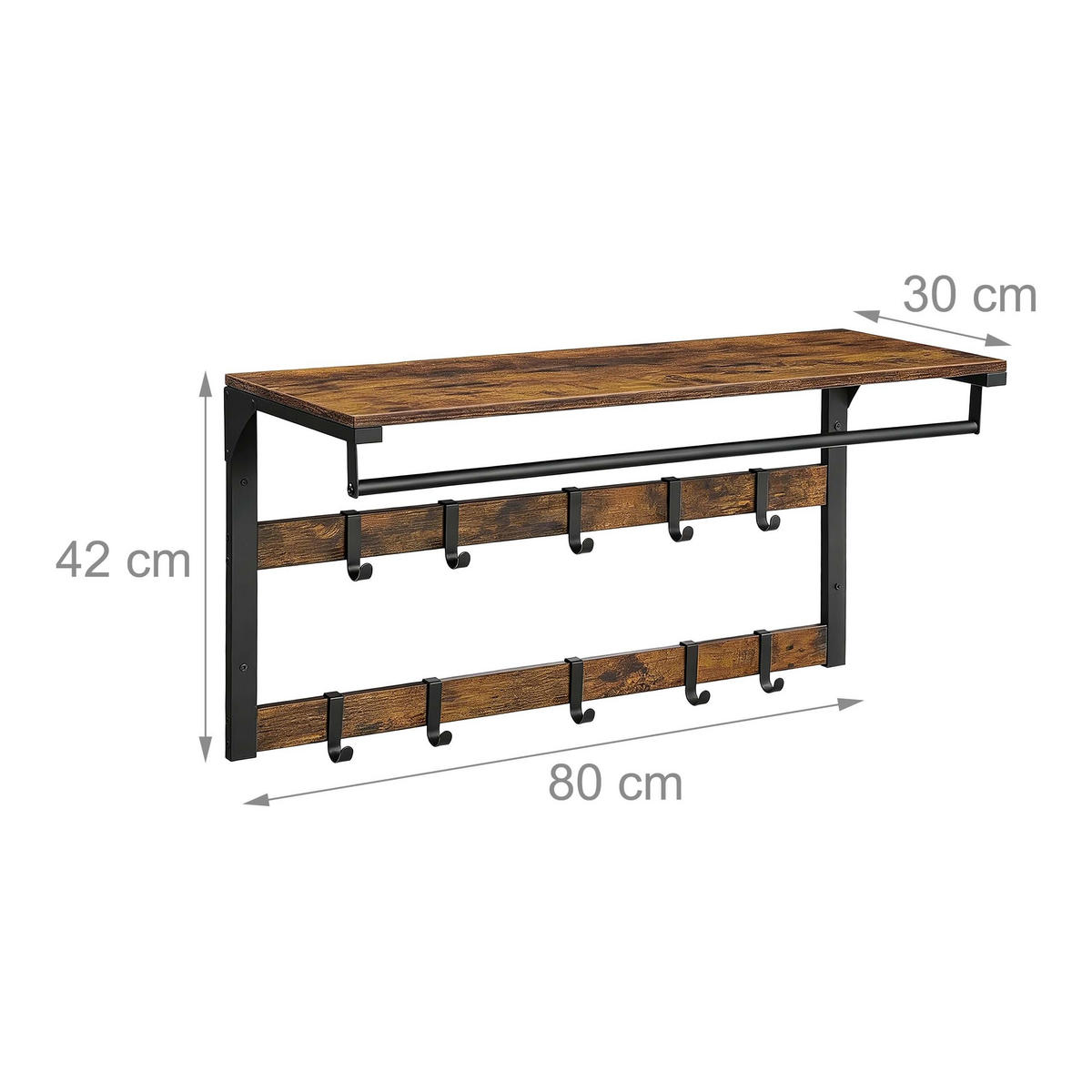 WANDGARDEROBE Vintagebraun Schwarz 3-in-1 10 Haken 80 cm - Multicolor, Holzwerkstoff/Metall (80/42/30cm) - Relaxdays