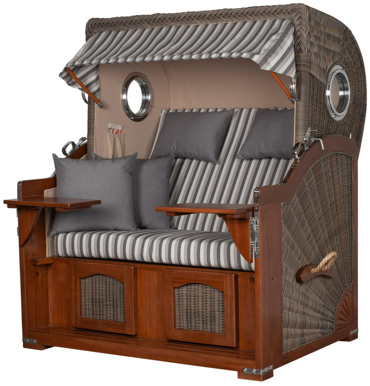 STRANDKORB Komplettset: Ammersee Grande XL Mahagoni Bullauge - PE grau - Modell 545 - Grau, Holz/Kunststoff (142/165/95cm) - bene living