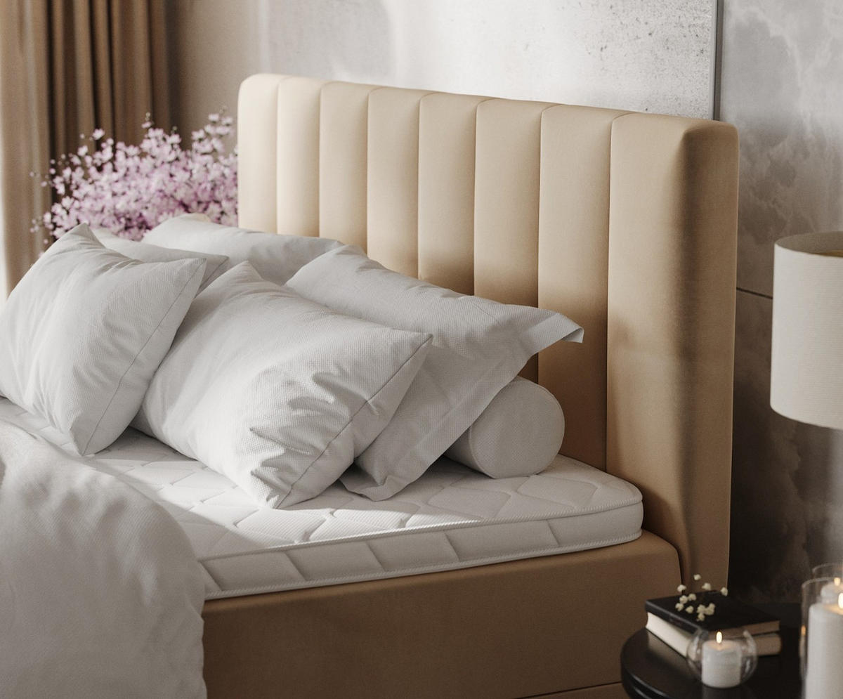 BOXBETT Lusso 160/200 cm Beige im Kronos Stoff - Beige/Schwarz, Holz/Holzwerkstoff (160/200cm) - AltaBeds