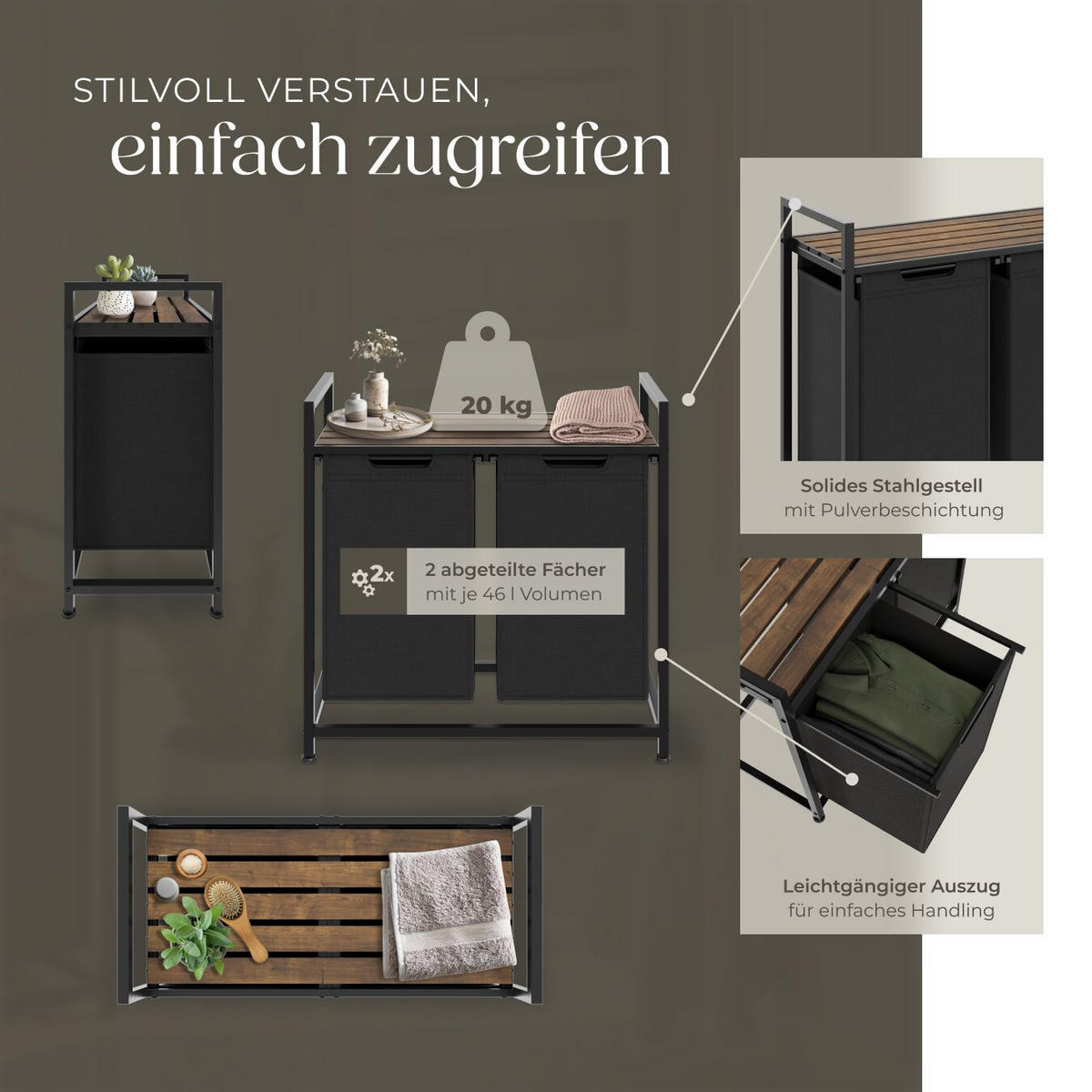 WÄSCHESORTIERER, höhenverstellbare Kunststofffüße,schwarz/braun - Schwarz/Braun, Metall (74/72/34cm) - tectake