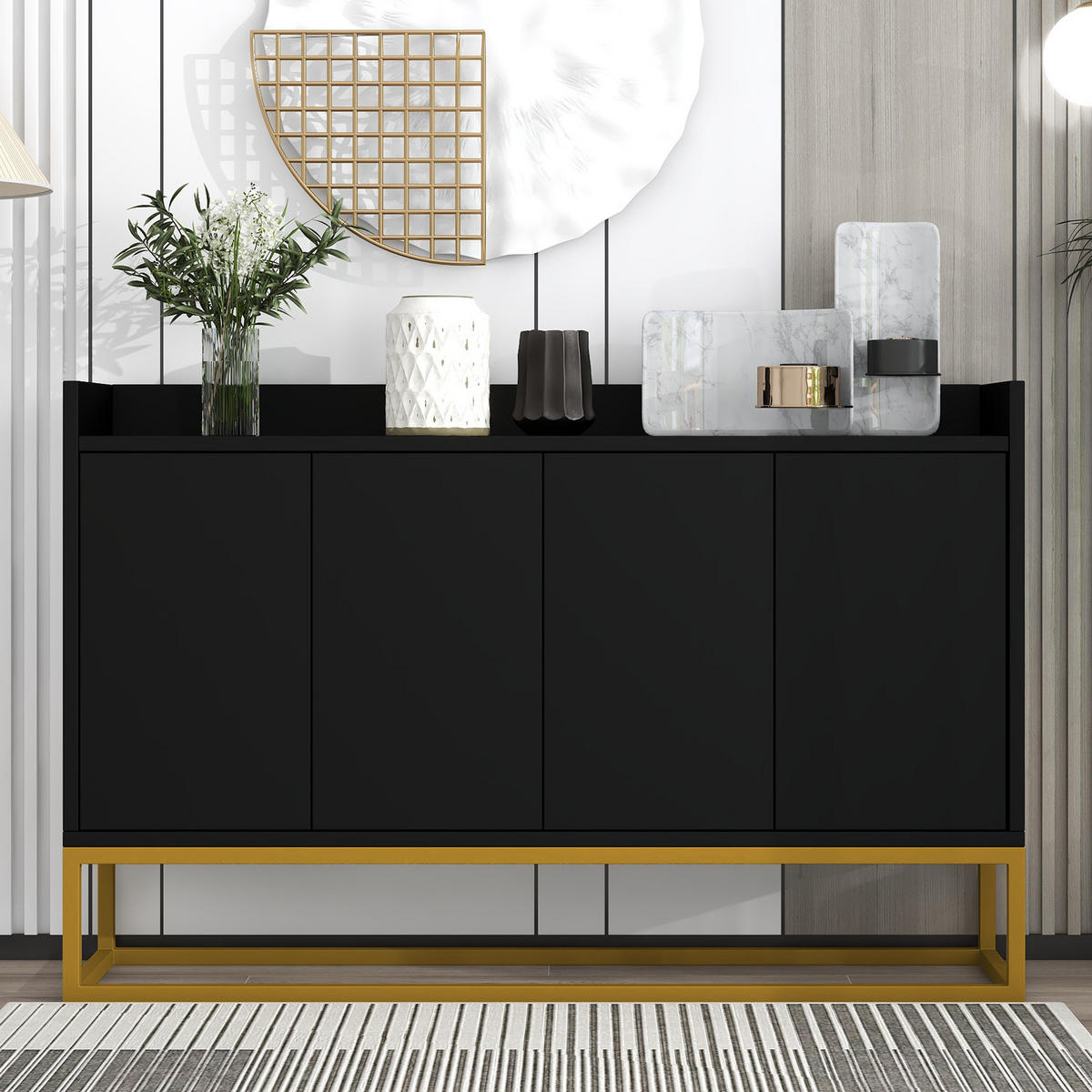 SIDEBOARD in Schwarz Anrichte mit 4 Türen für Esszimmer, Küche und Wohnzimmer, B120/T30/H80 cm - Goldfarben/Schwarz, Holzwerkstoff/Metall (120/80/30cm) - STILVORA