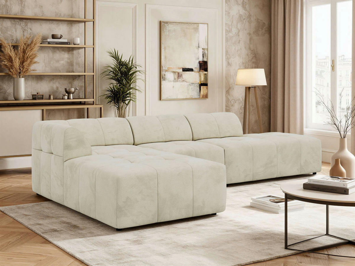 ECKSOFA GRIDA 3M L Beige Velvet - Links - Beige/Schwarz, Kunststoff/Textil (335/176cm) - MKS