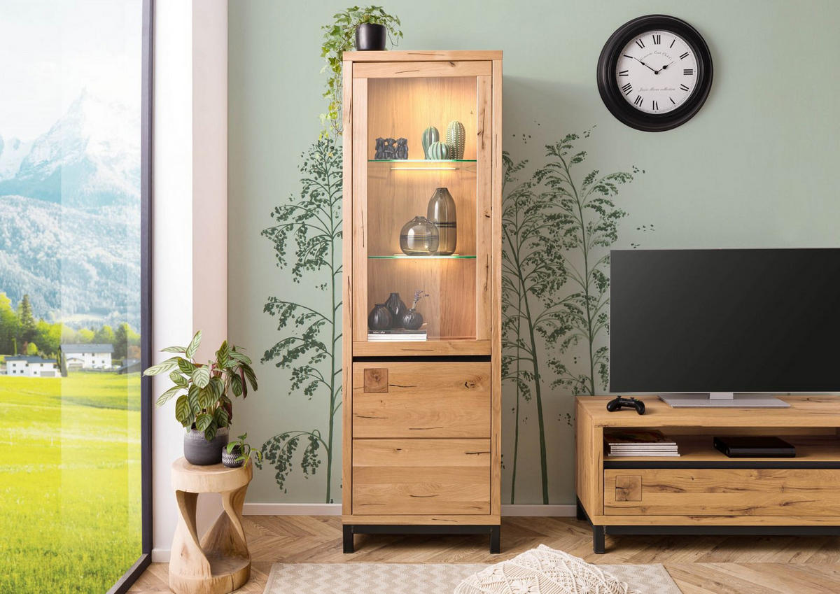 VITRINE Wildeiche 65x40x205 natur geölt VILLANDERS #146 - Naturfarben, Holz (65/205/40cm) - Massivmoebel24