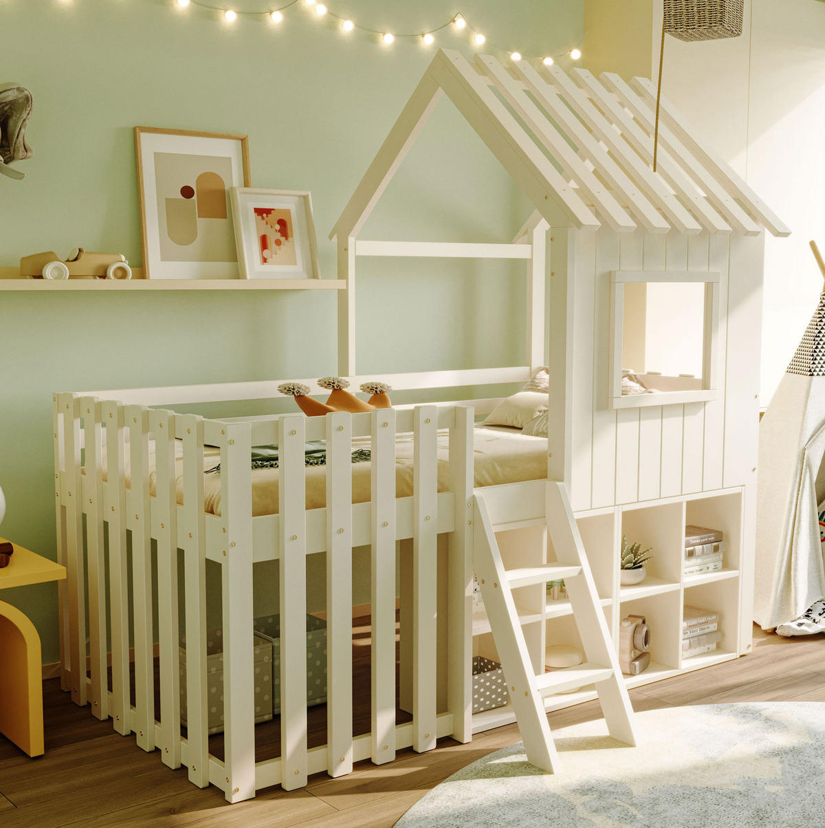HAUSBETT 90/200 cm Weiß aus Massivholz mit Stauraum und Spielhaus-Design - Weiß, Holz (90/200cm) - Flora Grace