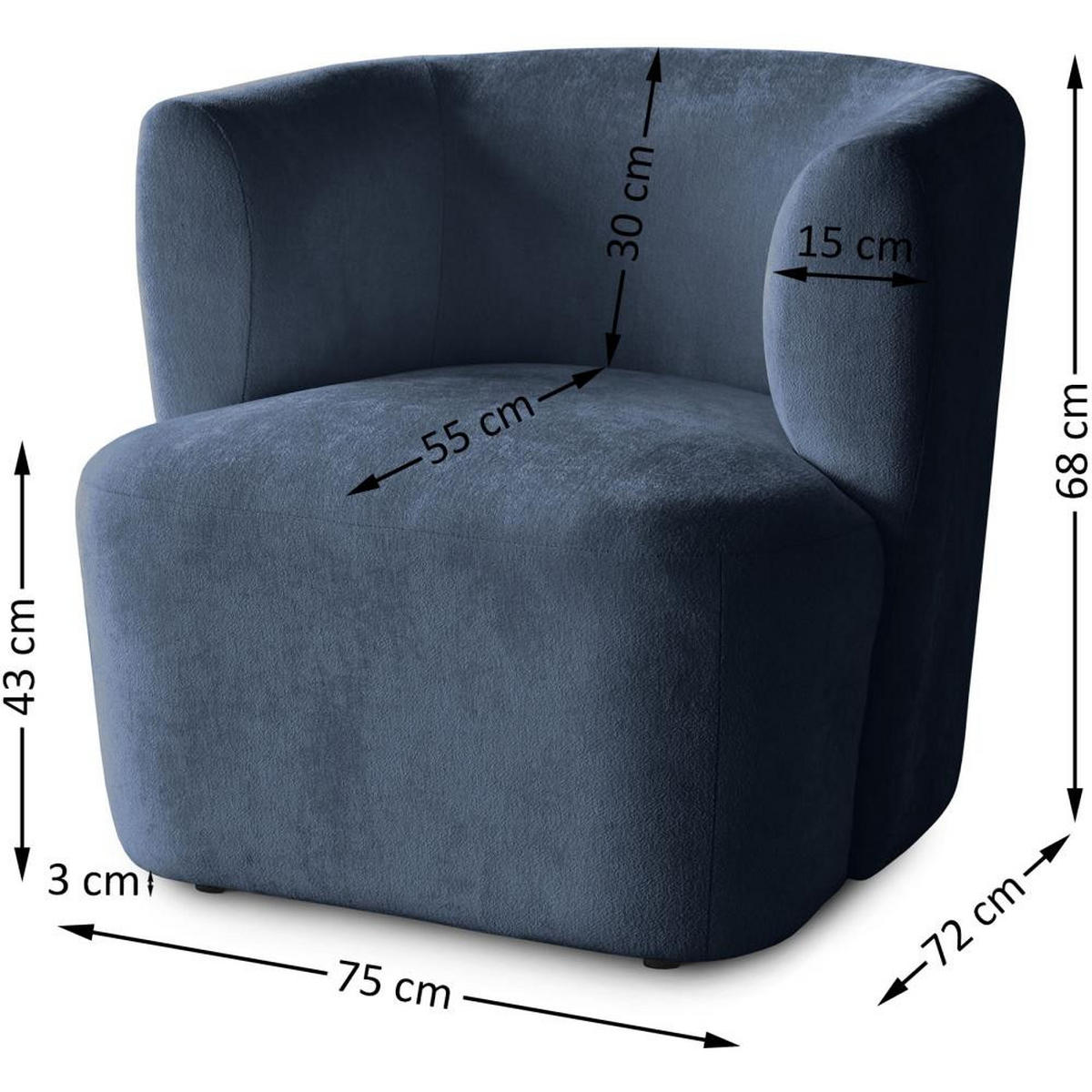 SESSEL Nori dunkelblau velour - Schwarz/Dunkelblau, Kunststoff/Textil (75/68/72cm) - Beautysofa