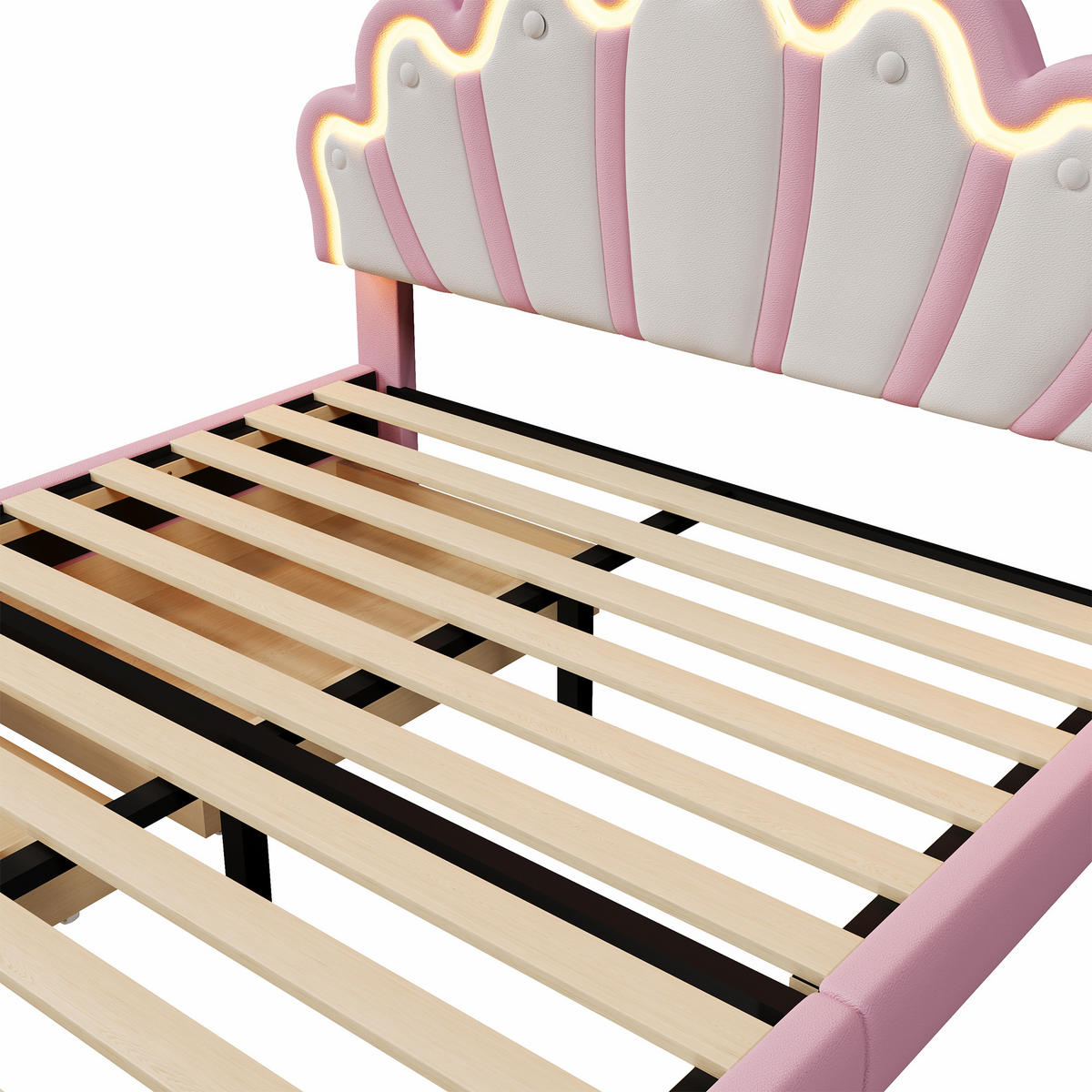 POLSTERBETT 140x200cm Rosa PU Fernbedienung Kronenform 2 Schubladen - Pink, Holz (140/200cm) - FLIEKS