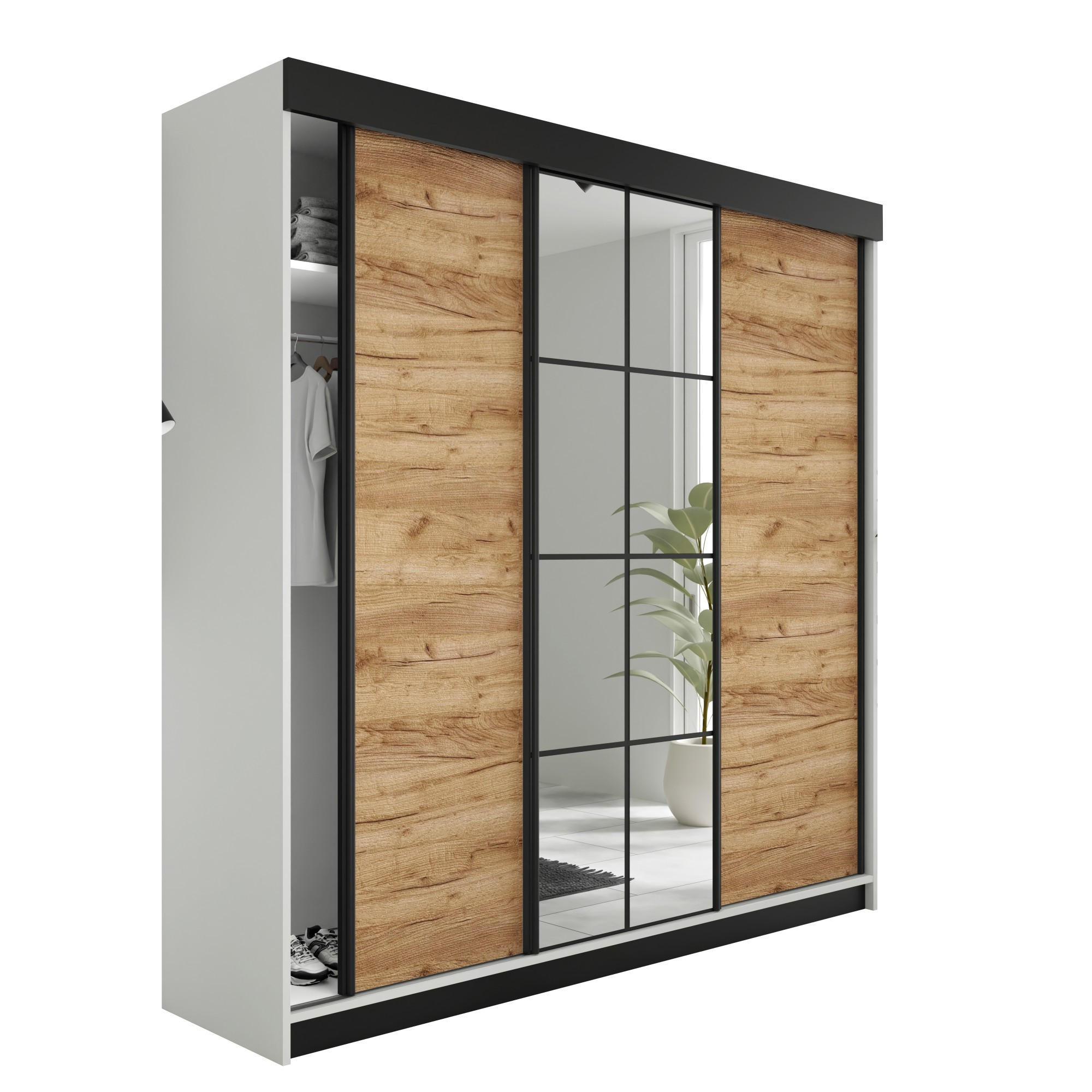 Kier Furniture POSUVNÁ ŠATNÍ SKŘÍŇ LAMARO - 200x205x59cm - Bílá & Dub Craft