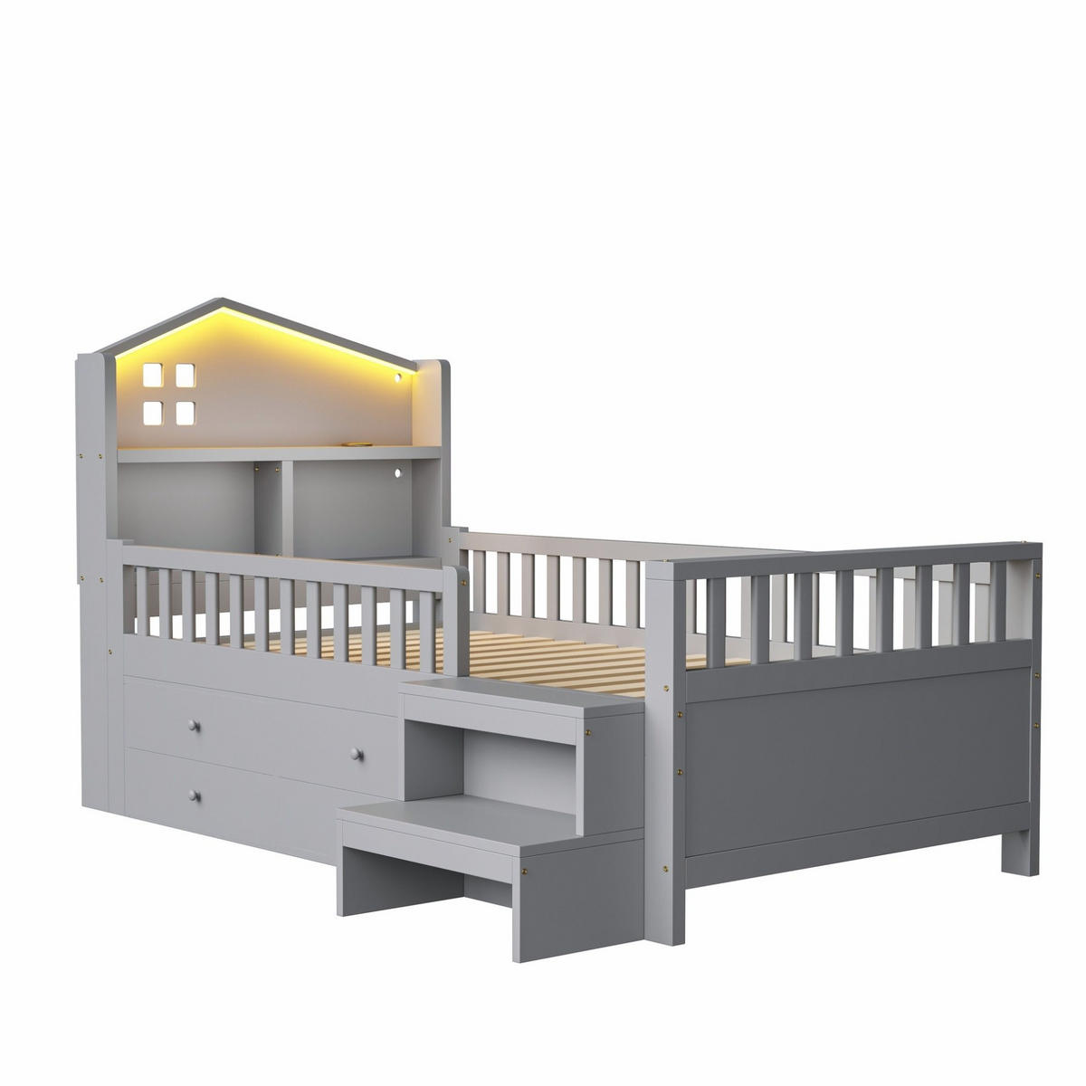 BETT 90/200 cm aus Massivholz mit LED-Leuchten, Schubladen, Treppe, Grau - Grau, Holz (90/200cm) - OKMYHOME
