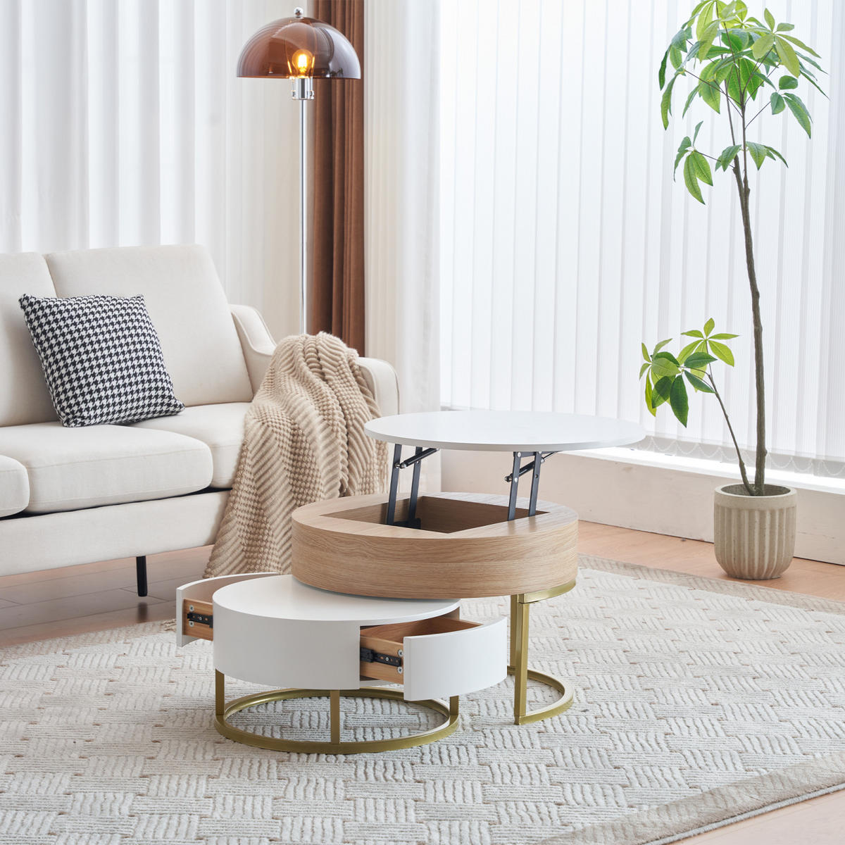 COUCHTISCH Weiß Holzoptik mit Hubfunktion und 2 Schubladen - Weiß, Metall (70/70/56cm)