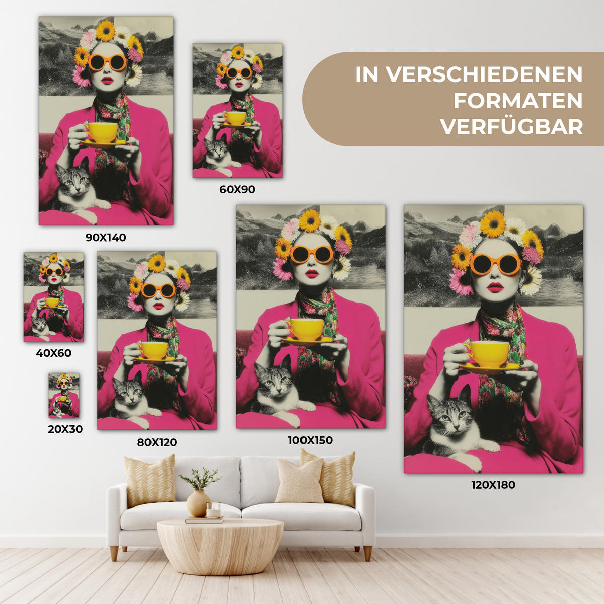 LEINWANDBILD Frau - Katze - Blumen - Tasse - Retro Deko Groß 90x140 cm - Magenta, Textil (90/140cm) - MuchoWow