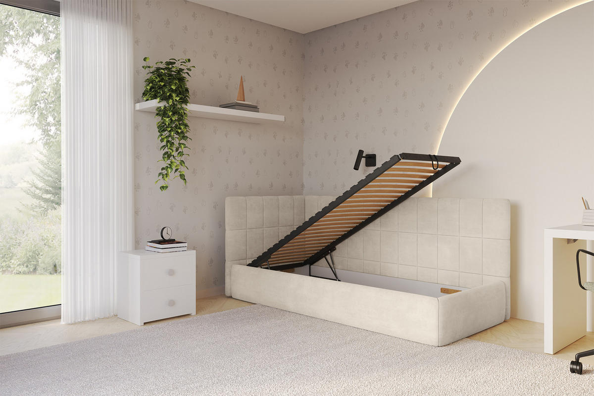 EINZELLBETT Jugendbett mit Bettkasten, Rechts - TULY 100x200 Beige - Naturfarben, Holzwerkstoff/Textil (100/200cm) - ALTDECOR