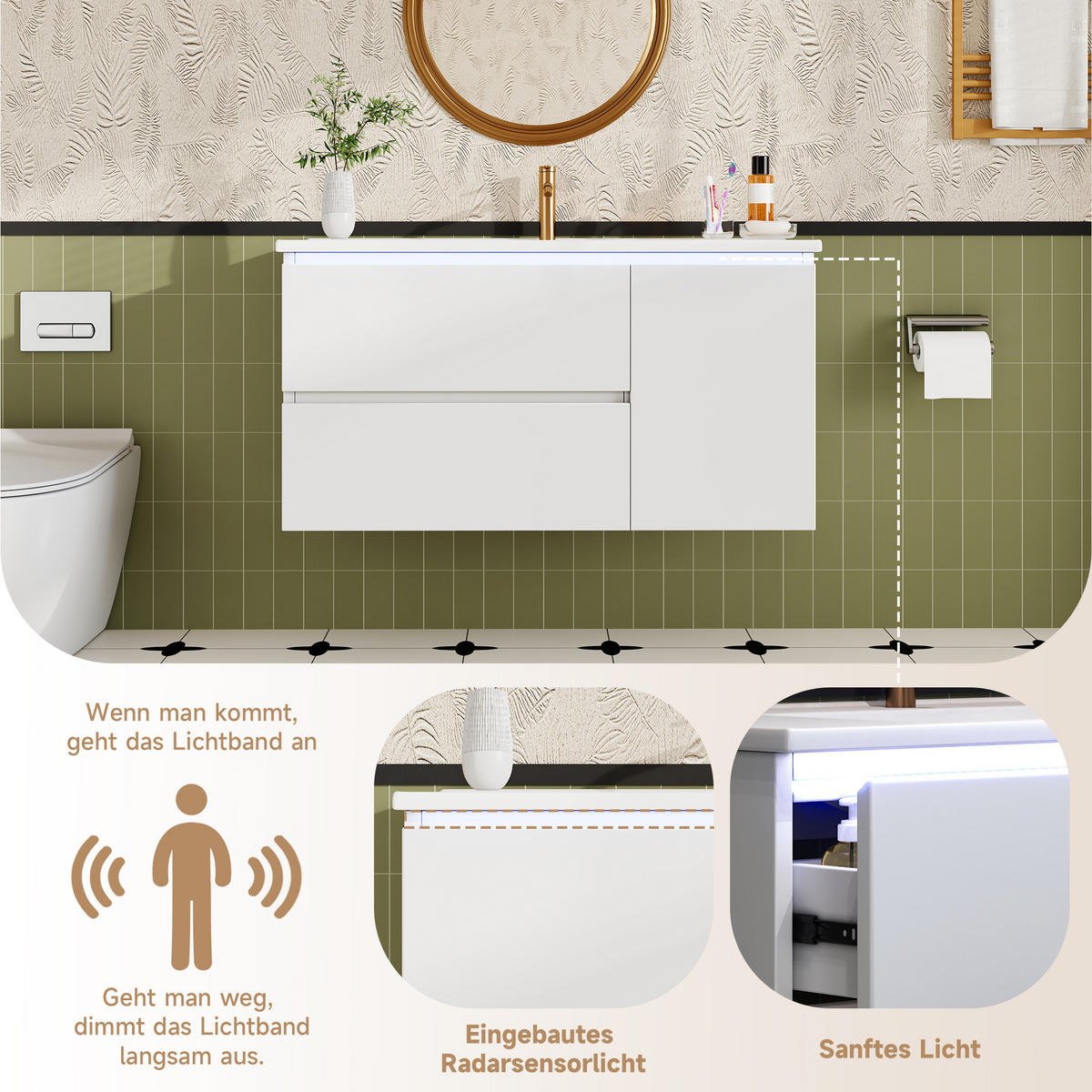 WASCHTISCHUNTERSCHRANK 91,5×46,5×50,5 cm, weiß, wandhängend, lackiert, mit LED-Radarsensor, 2 Schubladen, Türfach, leisen Schienen, Keramikbecken - Weiß, Holzwerkstoff (46.5/50.5/91cm) - Ej. Life