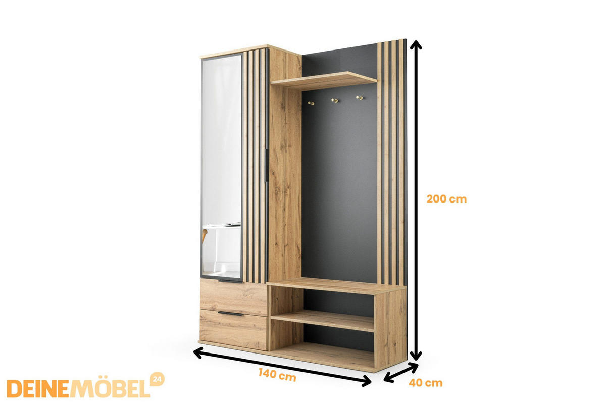 GARDEROBE LEONI 140/200 in Eiche Wotan / Schwarz - Eiche Wotan/Schwarz, Holzwerkstoff (140/200/40cm) - Deine Möbel 24