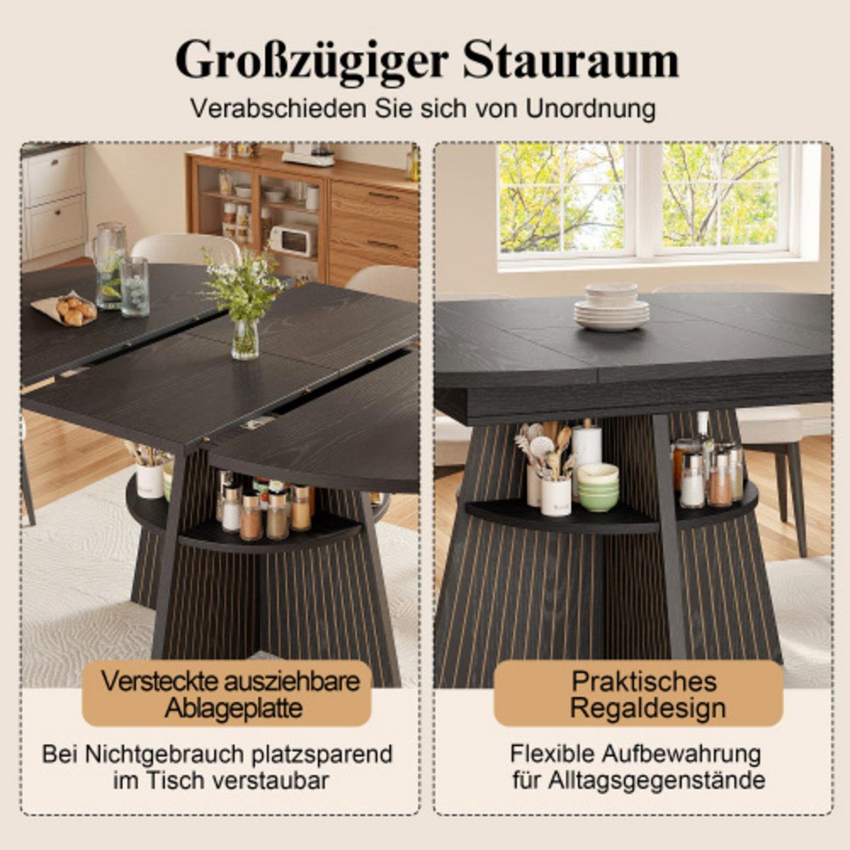 ESSTISCH Ausziehbarer 110-150×110×76 cm aus MDF und Metall mit Säulenfüßen und unterer Ablage, schwarz - Schwarz, Holzwerkstoff (150/110/76cm) - Luhomfu