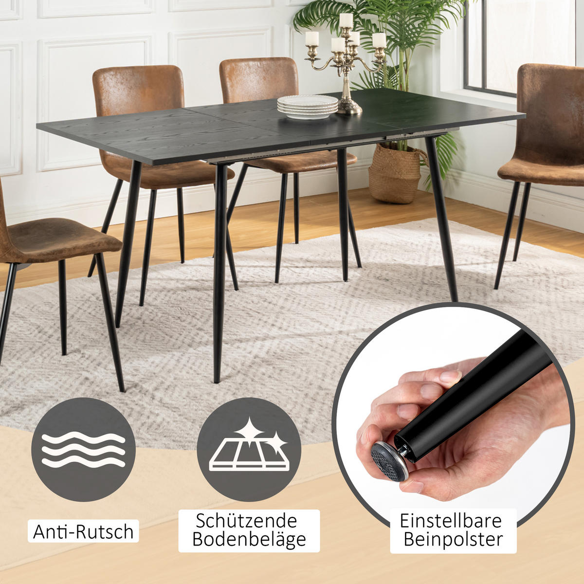 ESSTISCH Rechteckig, schwarz, ausziehbar - Schwarz, Holz/Metall (80/120/75cm) - Urban Meuble